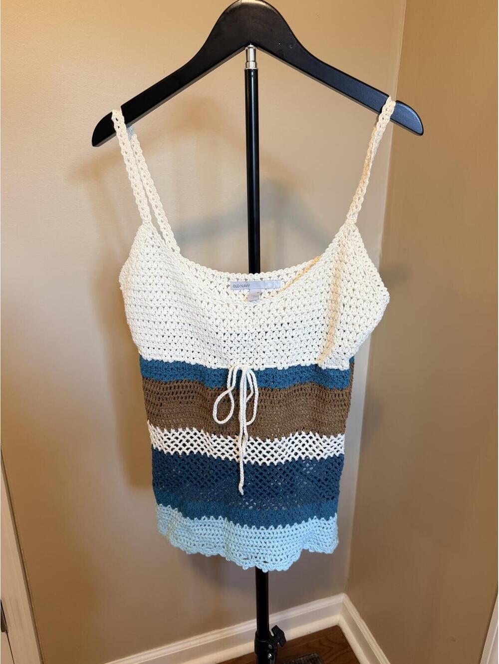 Vintage Old Navy Crochet Knit Tank Top 100% Cotton Blue Stripe Boho Y2K Size M